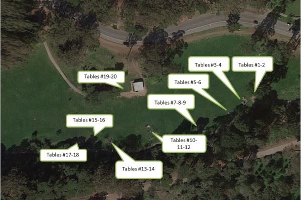 Map of picnic tables at Hellman Hollow