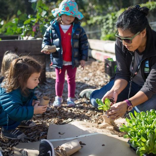 Woman and children playing with plants