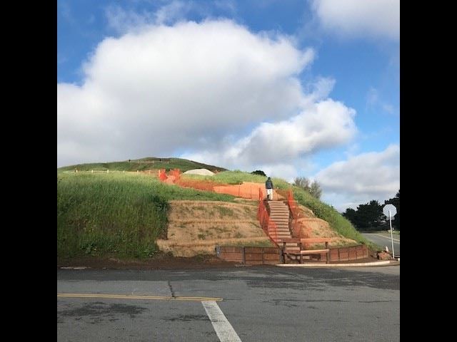 Looking at a New trail entrance along Bernal Heights Blvd with box steps and orange construction fen