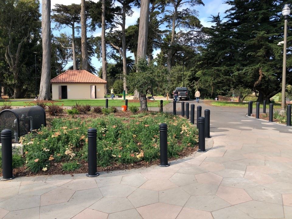 Facing into the Park upgraded Kiosk, new plantings, bollards for safety and upgraded pathways