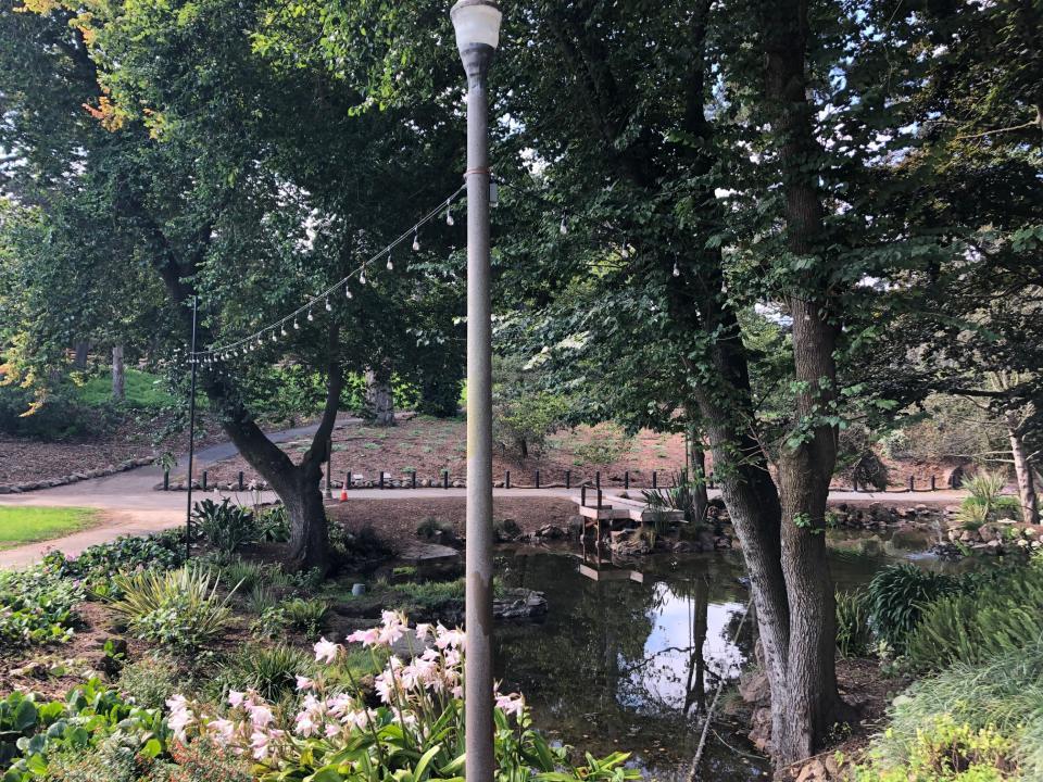 Alvord lake shown with new pathways, plantings and black safety bollards