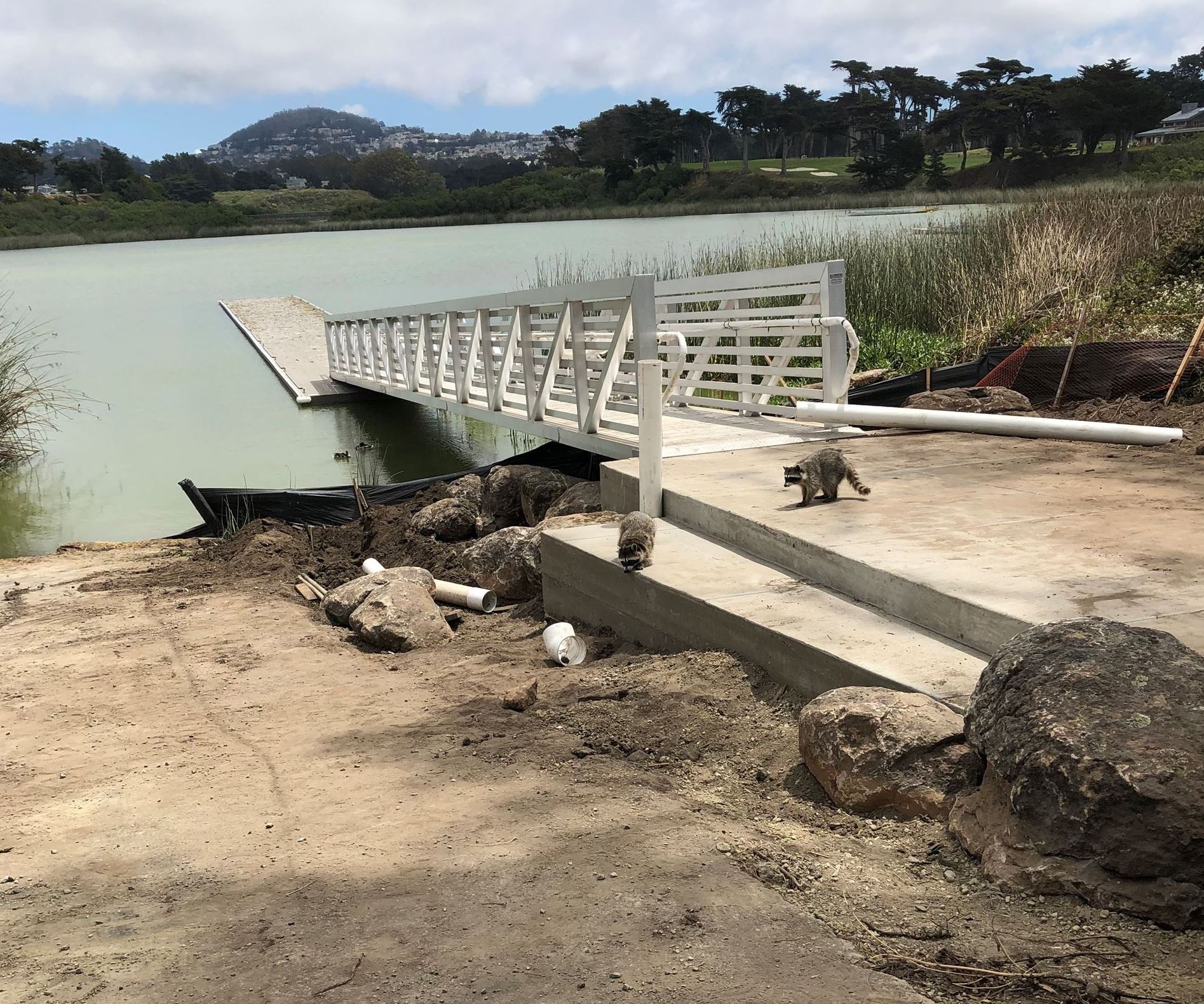 Cement landing pad for boat dock gangway.