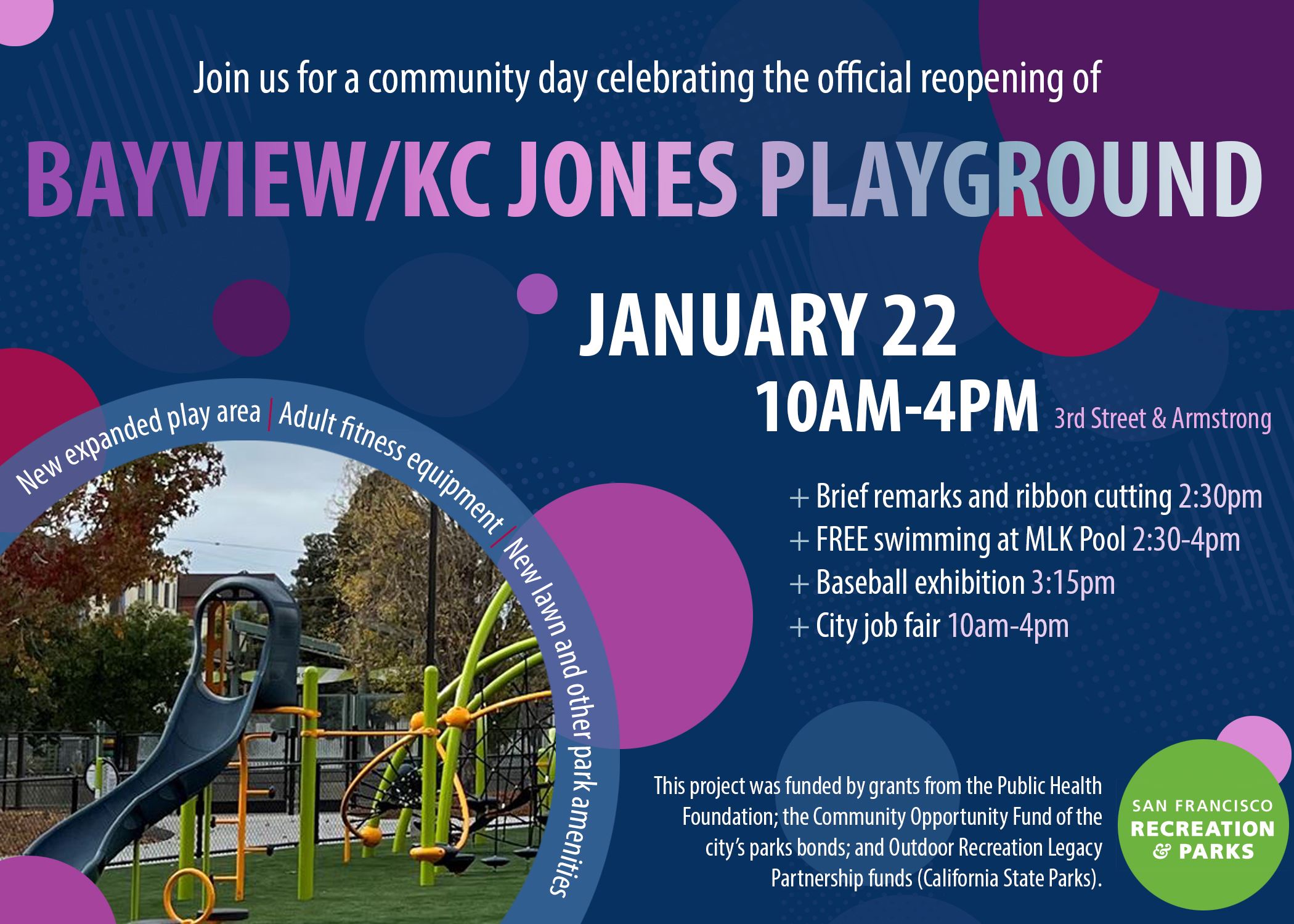 Bayview KC Jones Playground opening flyer for January twenty second beginning at 2:30PM