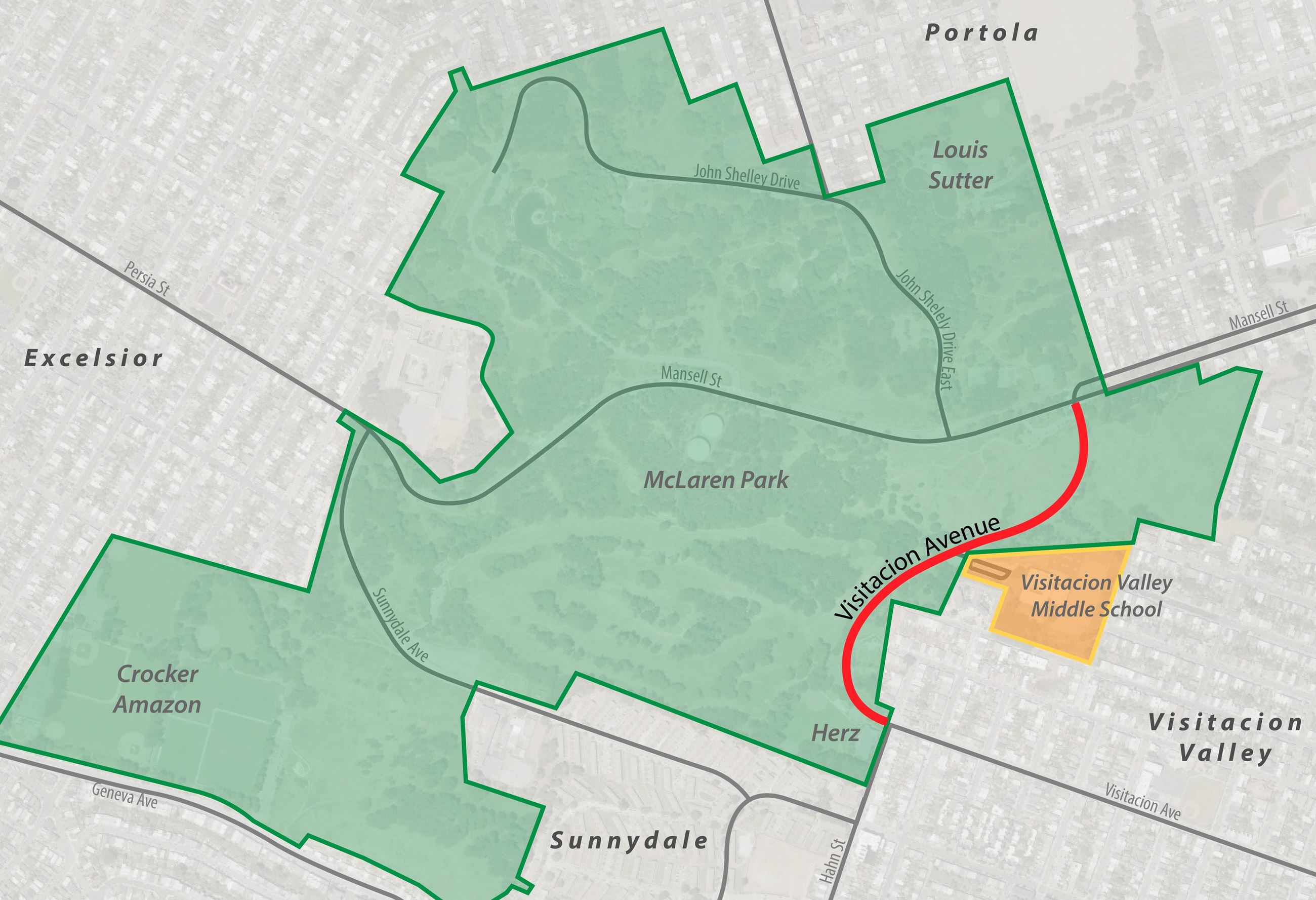 Map of McLaren Park in green showing Visitacion Avenue marked by a thick red line