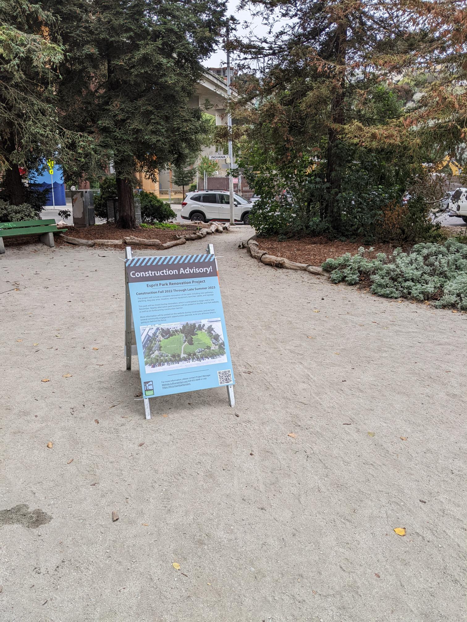 Esprit construction closure notice shown attached to an A-frame at the entrance of the Park