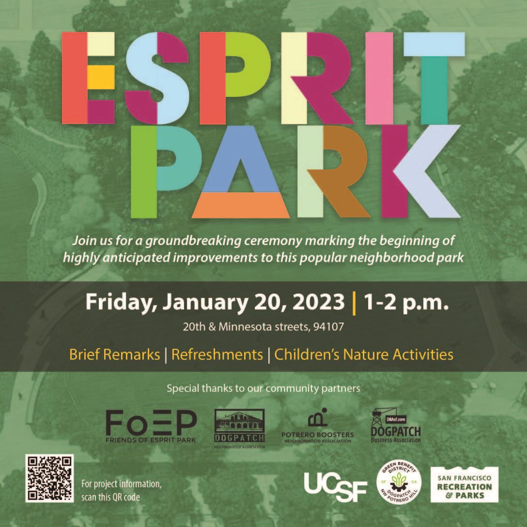 Esprit Park Groundbreaking poster date is January 20th at 1pm at 20th and Minnesota Streets