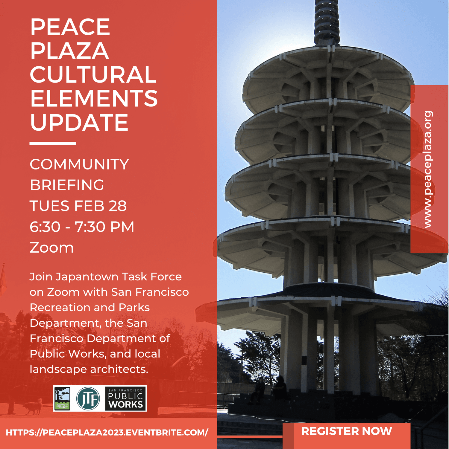 Japantown Peace Plaza announcement of public meeting on February 28 2023