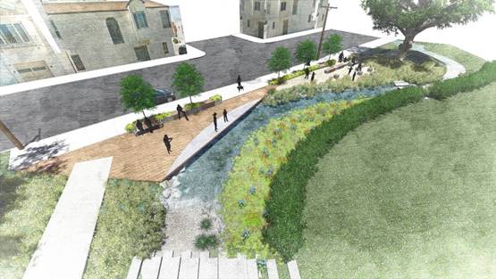 Early concept rendering Upper Yosemite Creek Daylighting Project; Wayland Street at Oxford Street