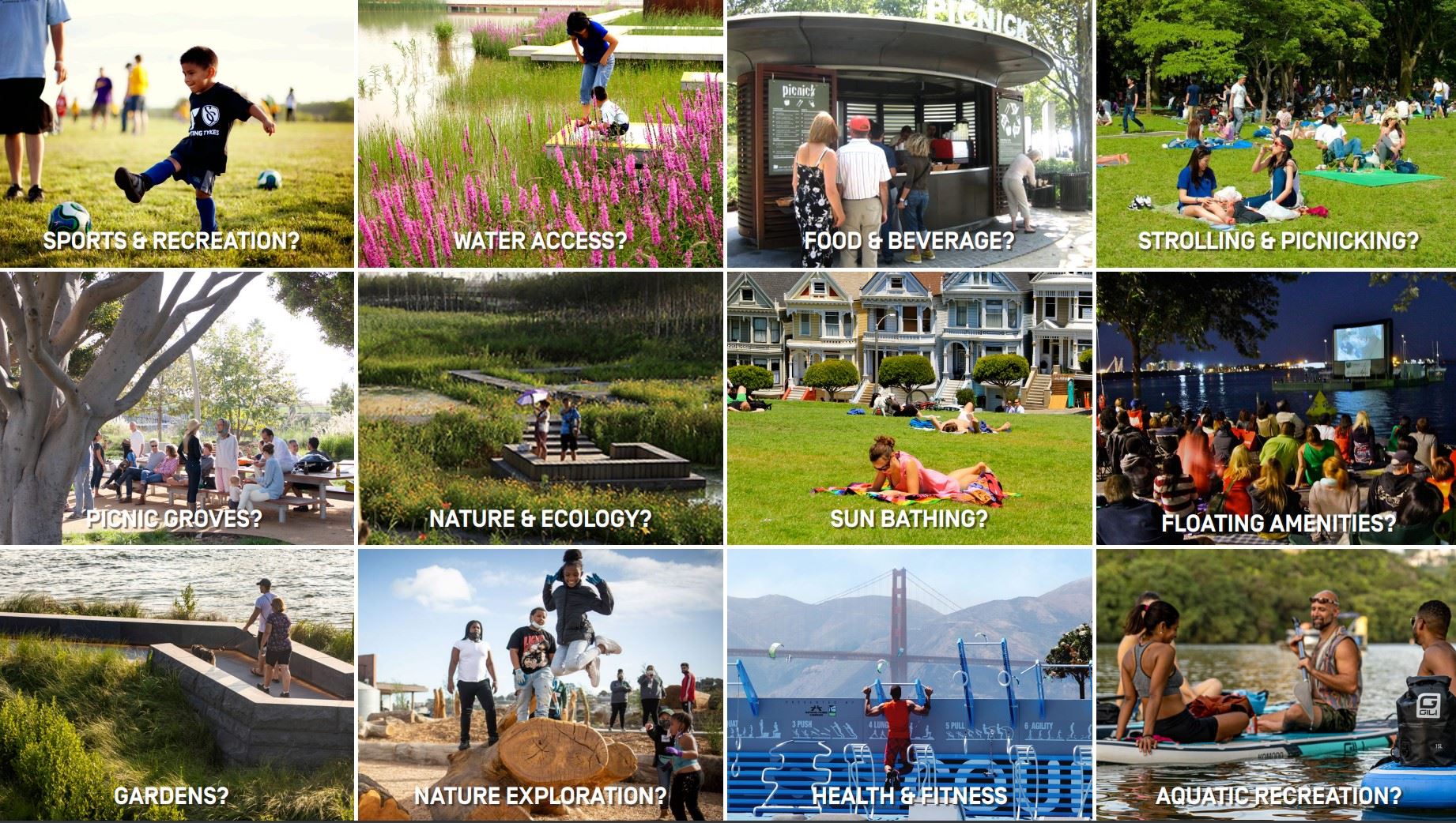 Collage of potential amenities at SF Marina after construction