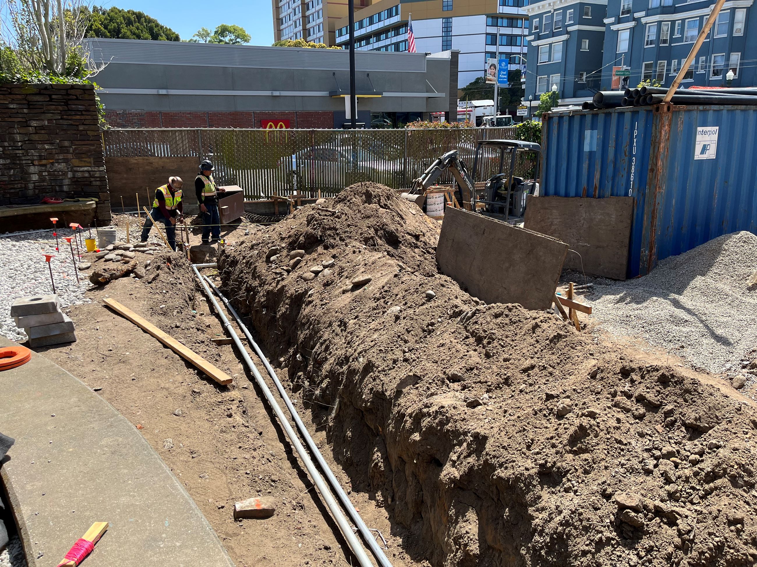 Fillmore construction April 2023 - trenches onsite with new pipes being installed