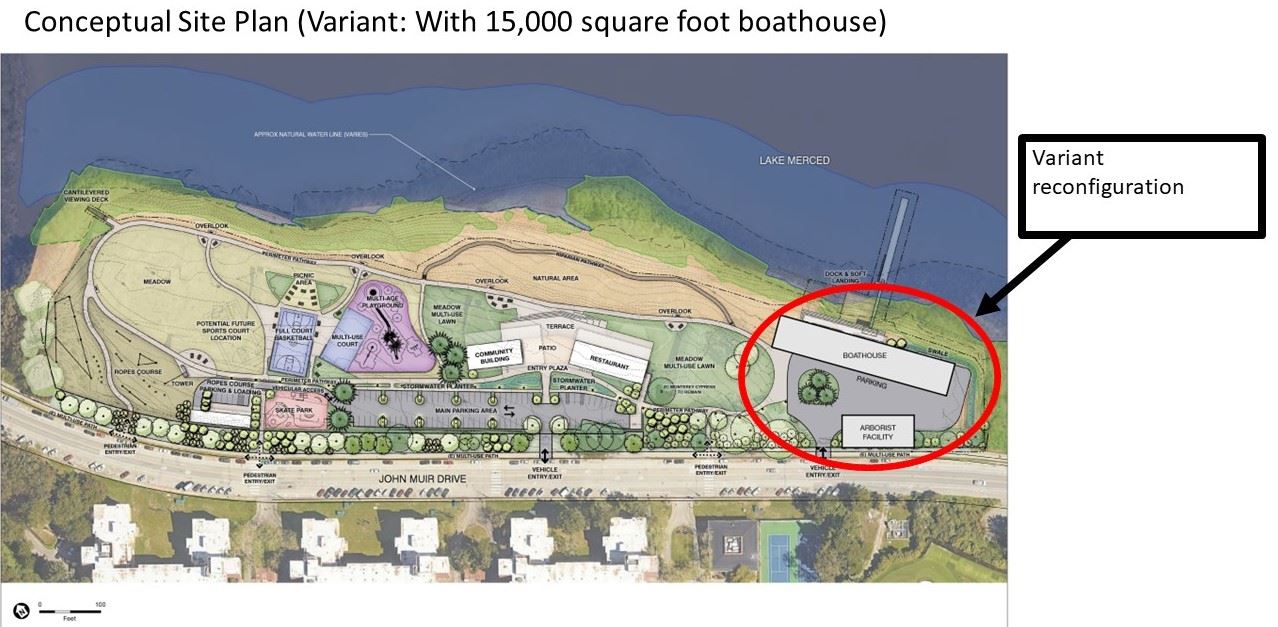 Lake Merced West conceptual site plan varient with 15,000 square foot boathouse