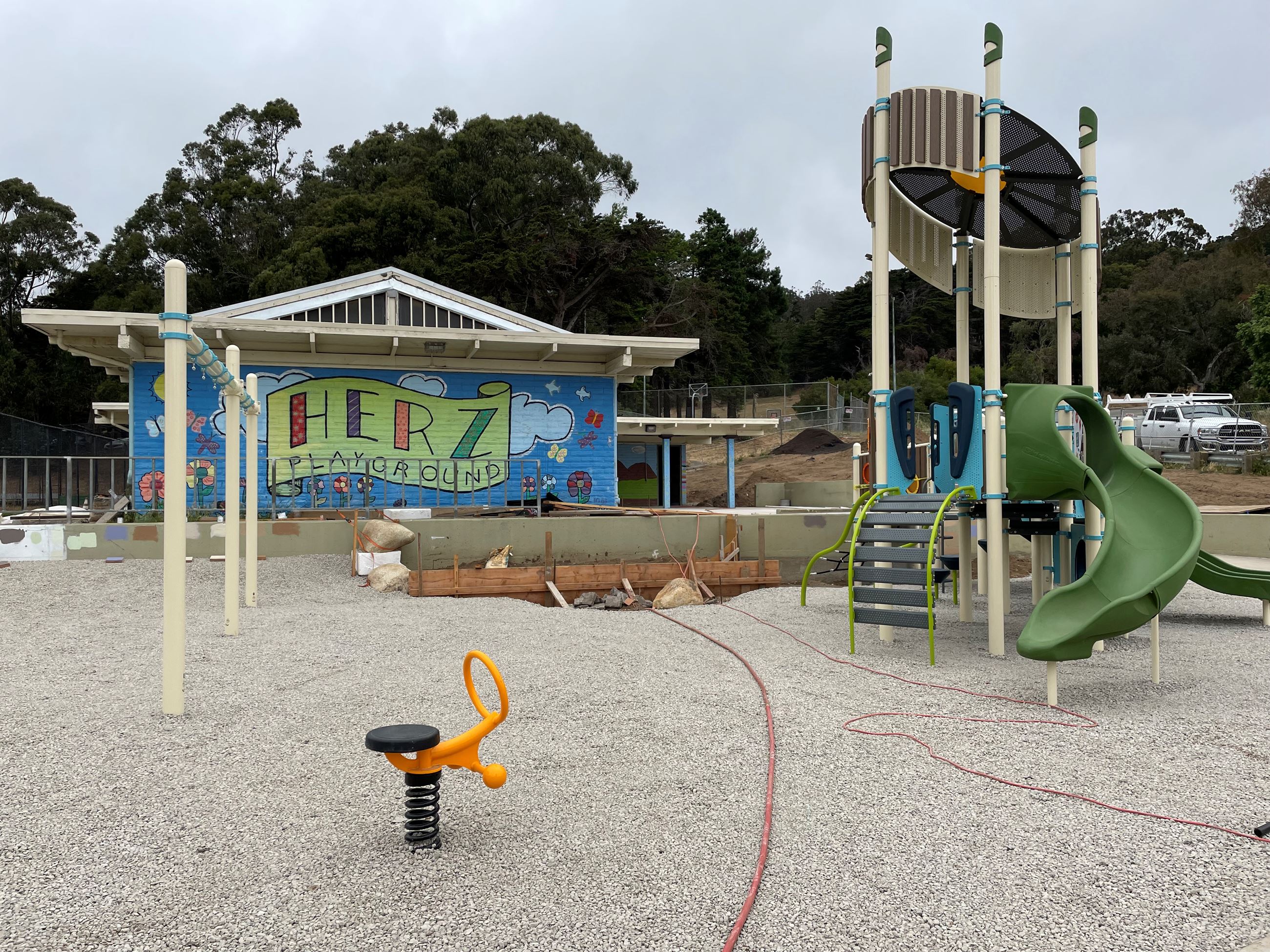 Herz Playground in construction June 2023 looking toward clubhouse
