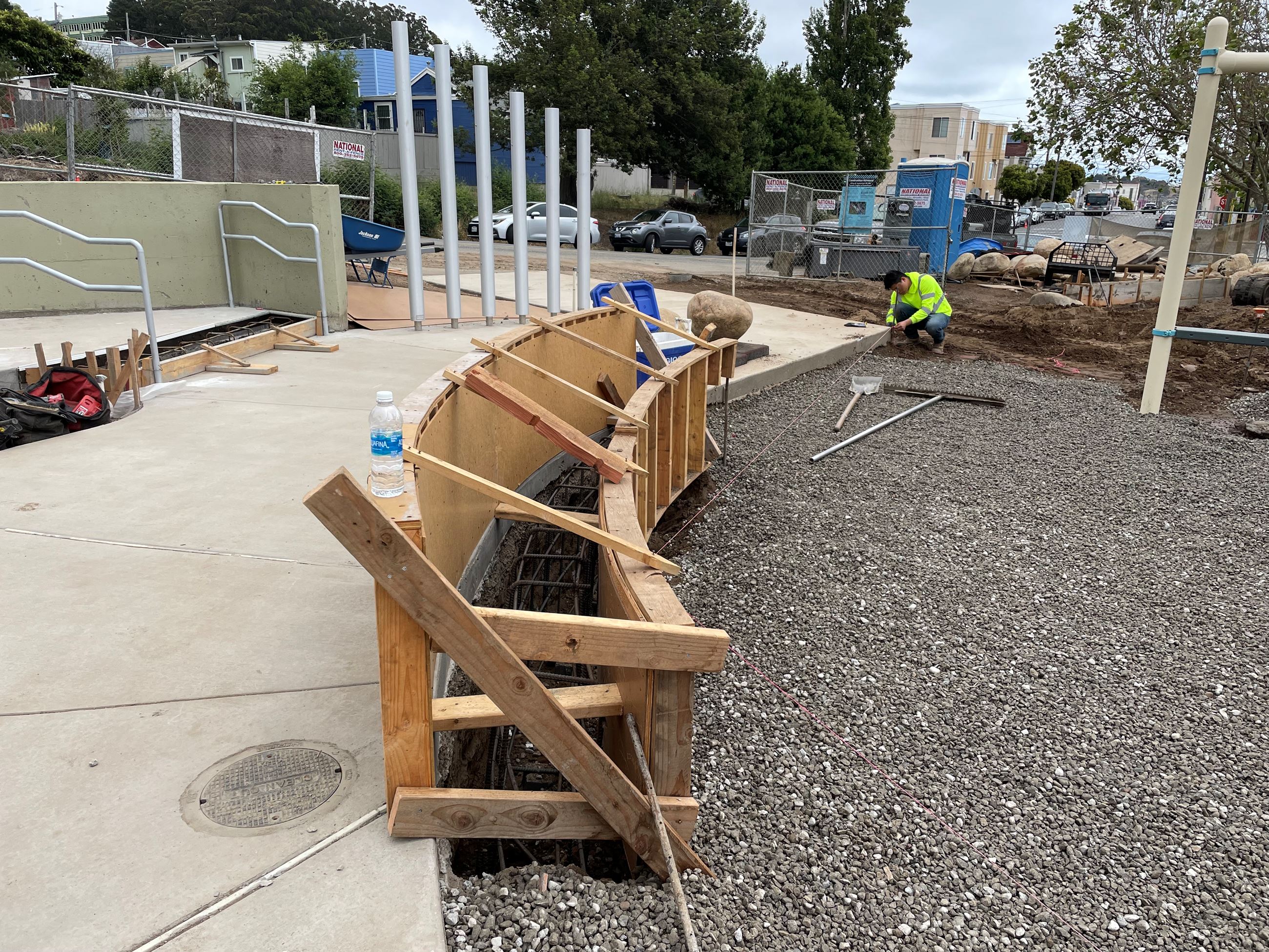 Herz Playground in construction June 2023 wood framing for concrete