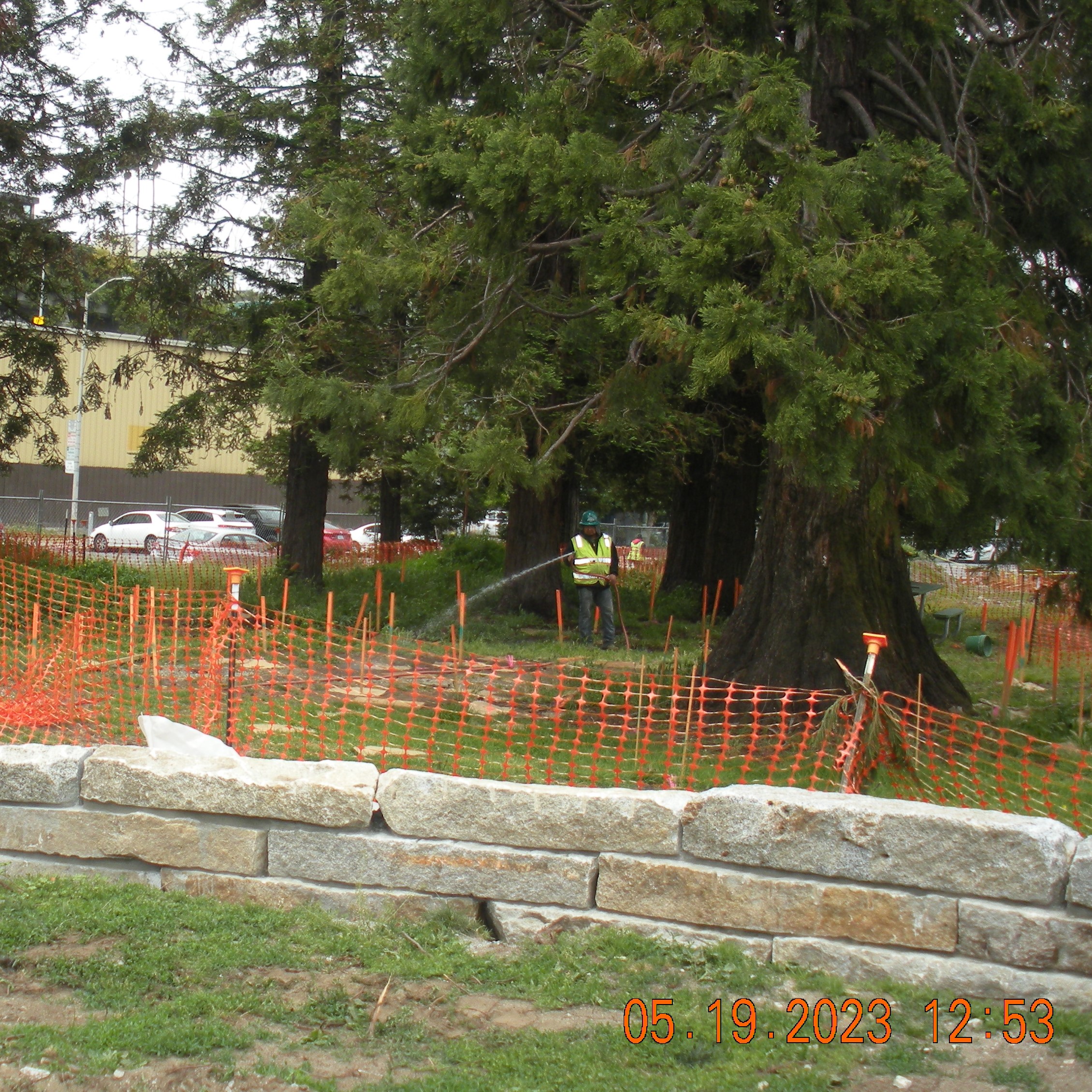 Esprit Park - construction - Wetting down areas of boardwalk pier holes_May 2023