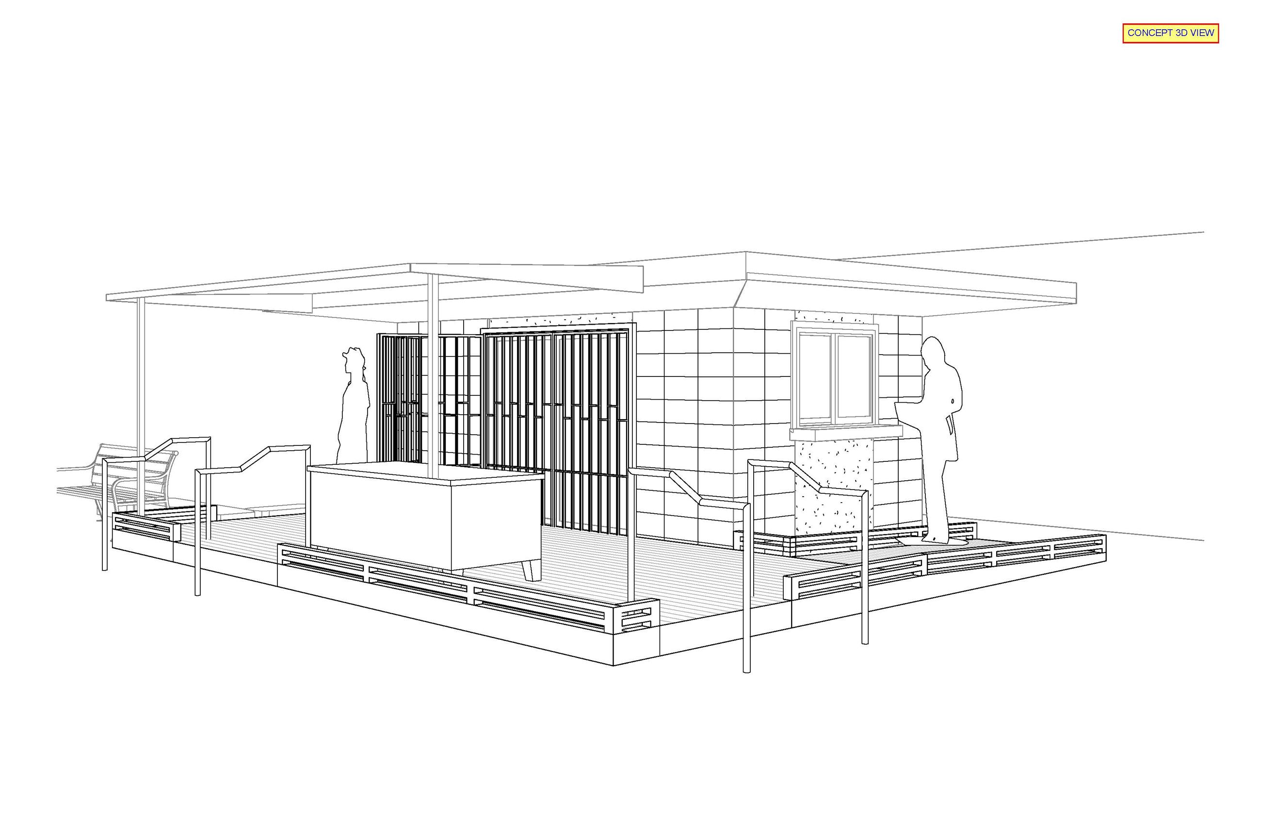 3D rendering of the new design including guardrails and ramp at an angle to bookstore entrance