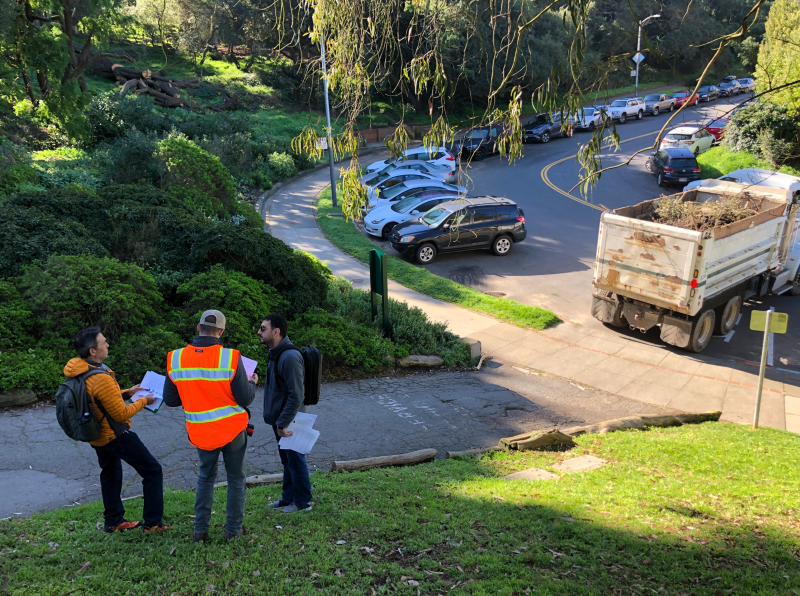 Construction equipment exits the Buena Vista pathways service entrance