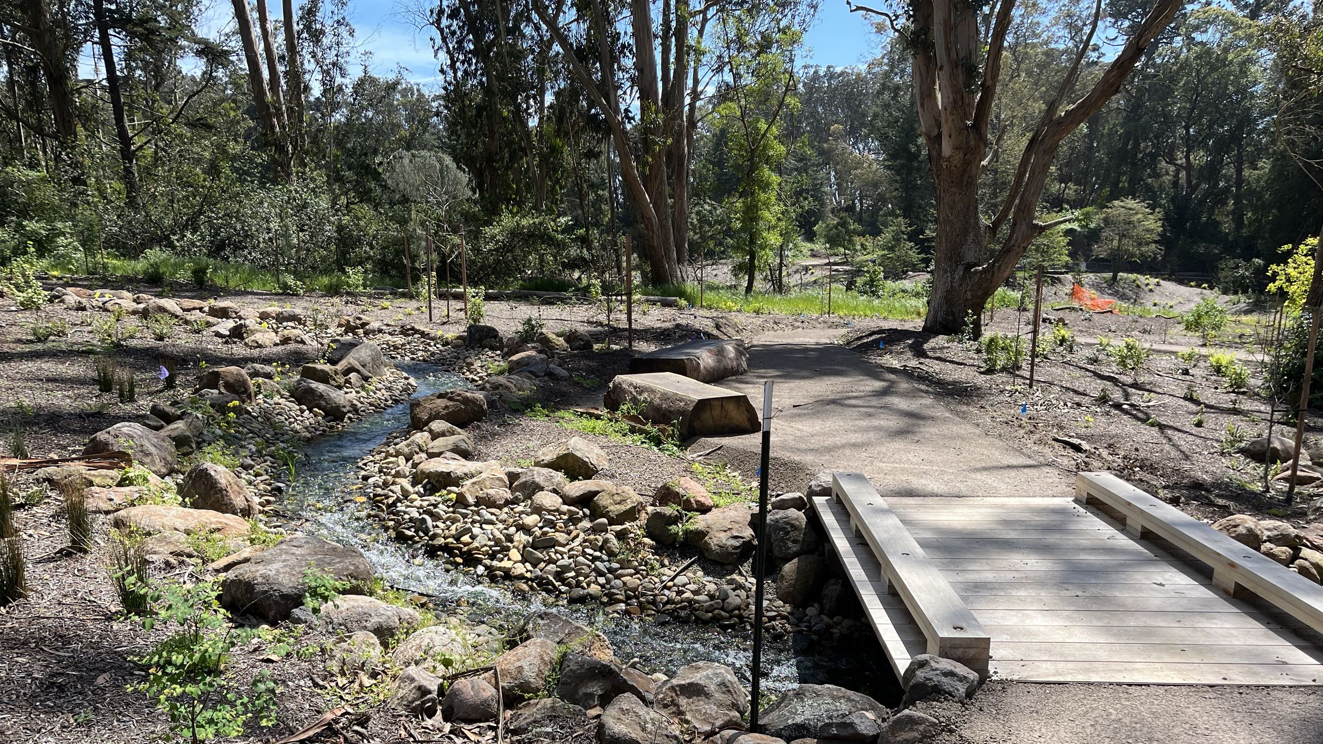 Bridge over the cascade with water flowing