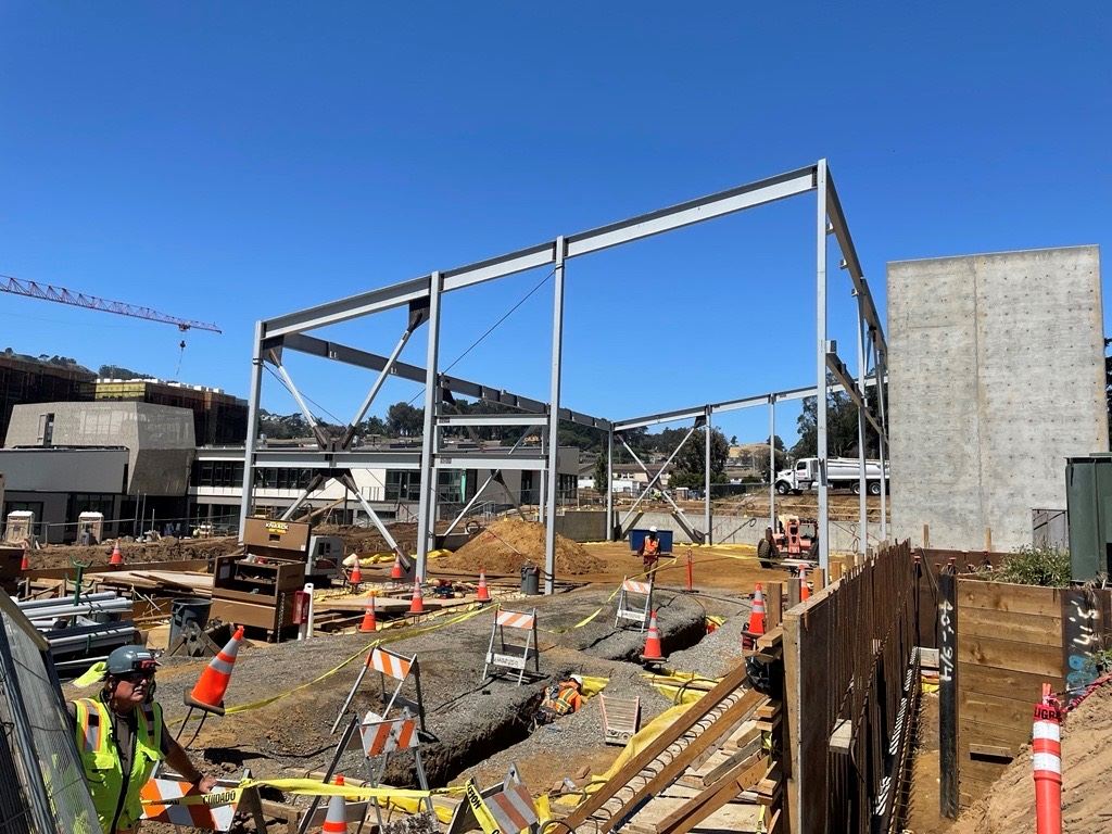 Steel columns in place in construction site