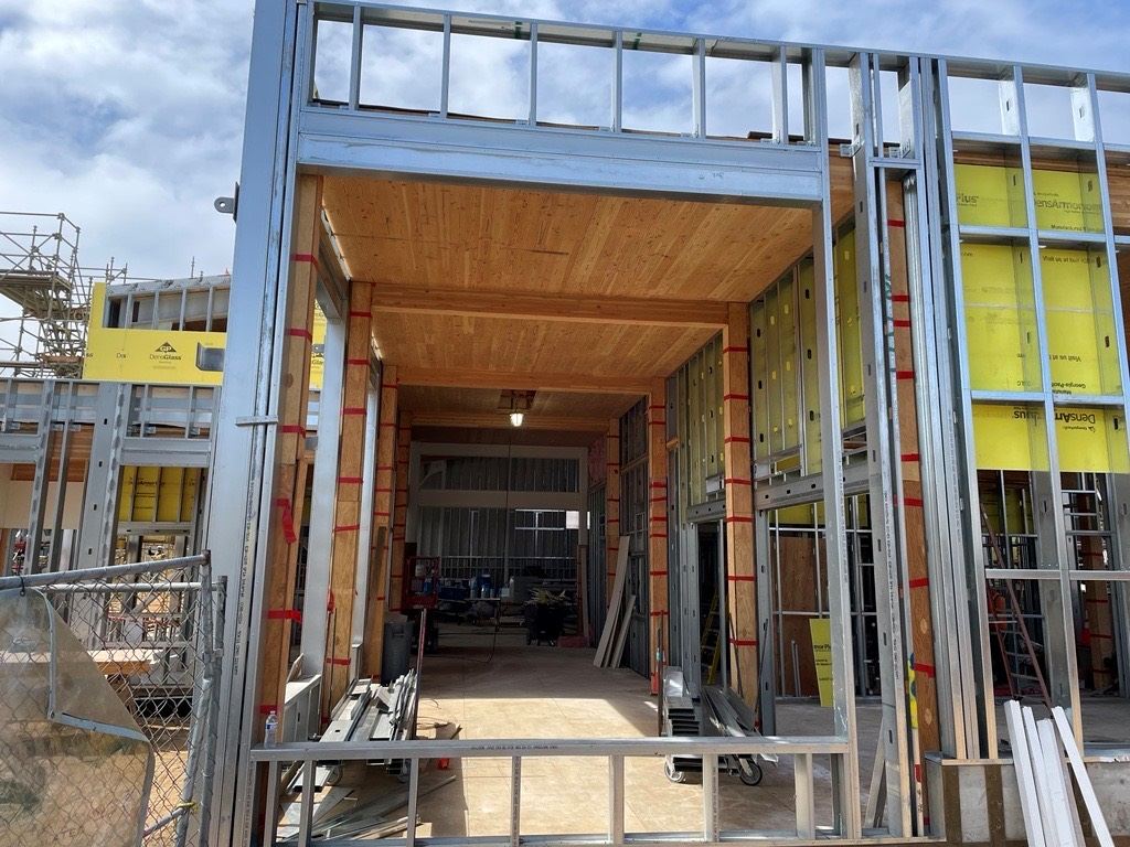 Exposed wood and metal of building under construction