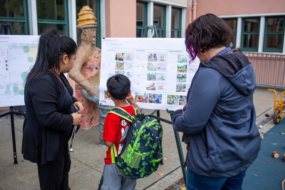 Two adults and a child look at concept design posters at Tenderloin Rec Center
