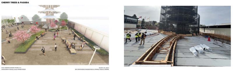 Japantown Peace Plaza - Construction March 2025 - comparisions to concept design