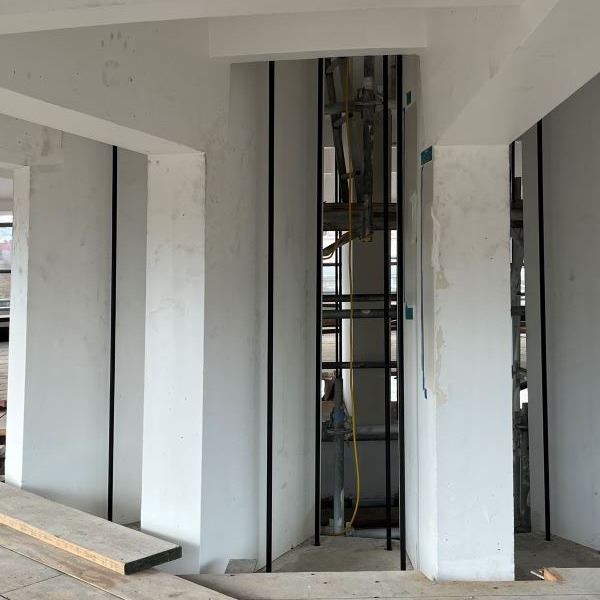 Japantown construction December 2025 - JPP- pagoda columns and steel tension rods